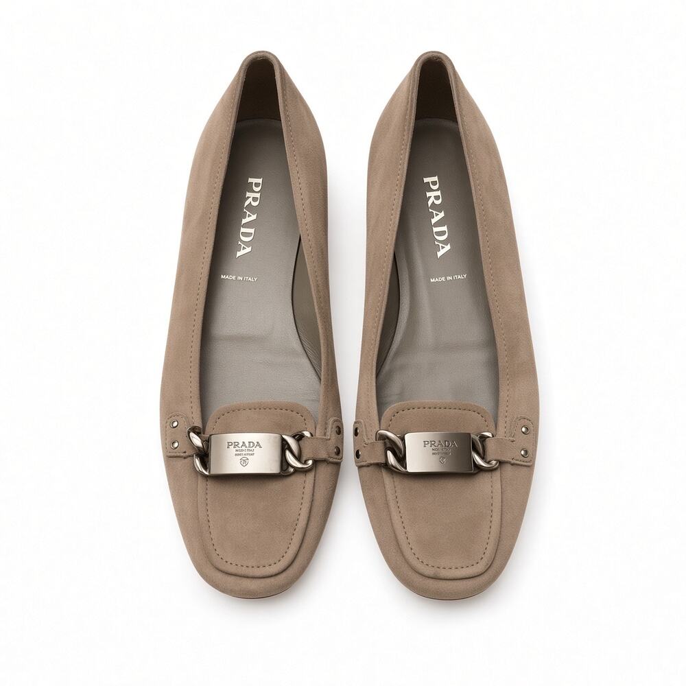 Prada Vintage Taupe Suede Loafers Milano Plaque Chain Flats 36.5